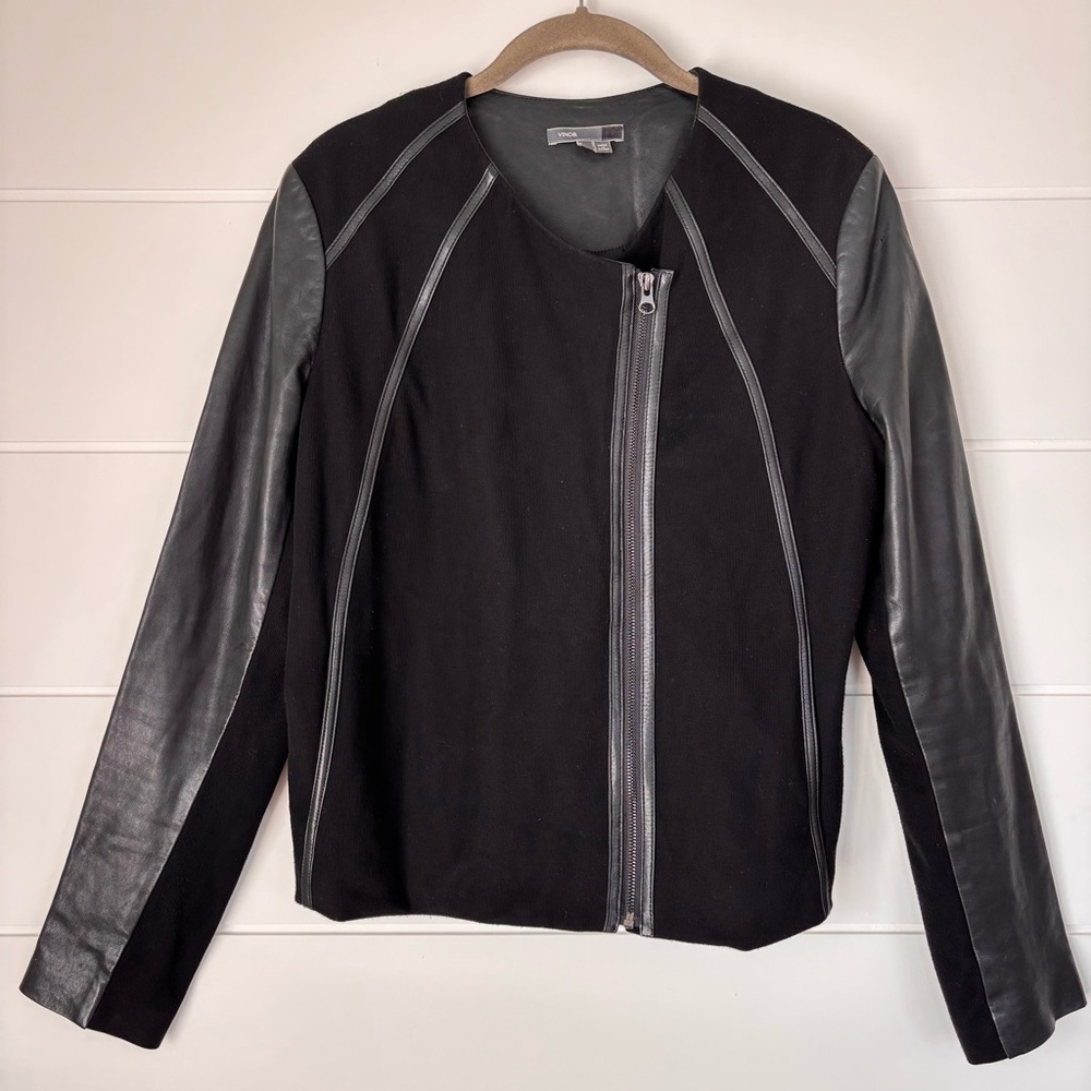 Vince Black Leather and Fabric Moto Jacket Women's Large